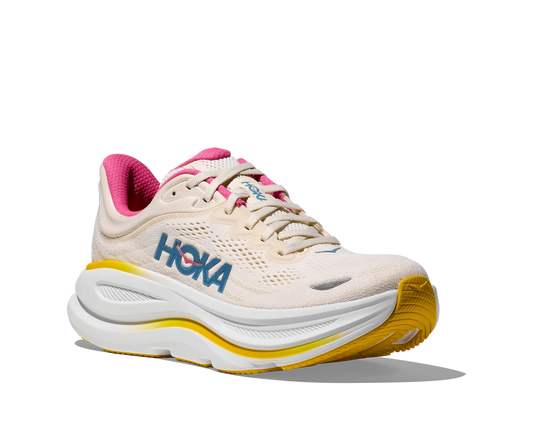 Angled lateral view of women's light yellow Hoka Bondi 9 with yellow and white sole and bright pink accents and