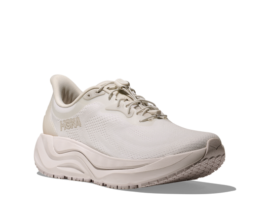 White running shoe with brand logo on a white background