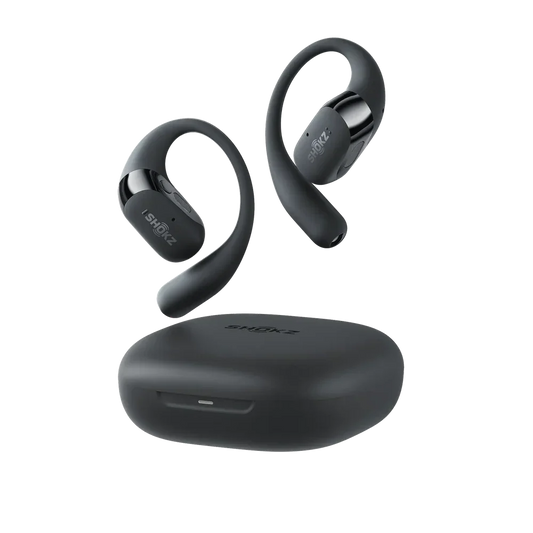 Black wireless earbuds with charging case on a white background