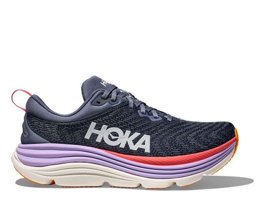 lateral side view of Women's Purple Hoka Gaviota 5 with silver logo and coral and yellow detailing