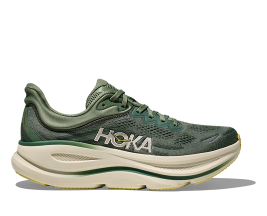 Green HOKA Men's Bondi 9 Running Shoes with silver logo and dark green accents