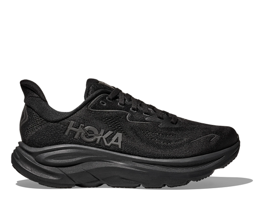 Side view of All Black HOKA Men's Clifton 10 Running Shoes