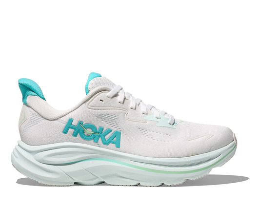 Lateral side view of women's white Hoka Clifton 10 with teal accents and light teal midsole