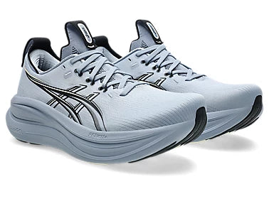 Light blue Asics running shoes with black accents on a white background