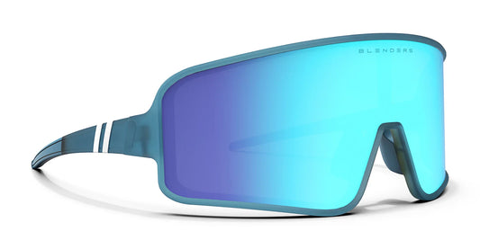 Blue shield style sunglasses with a white background