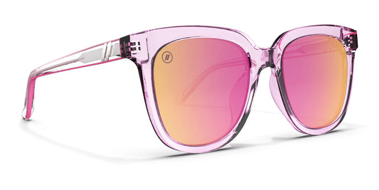 Pink Blenders sunglasses with reflective lenses on a white background