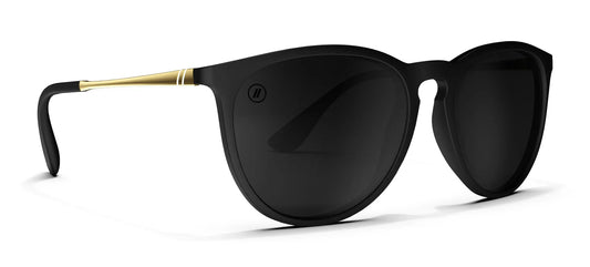 Black Blenders sunglasses with gold accents on a white background