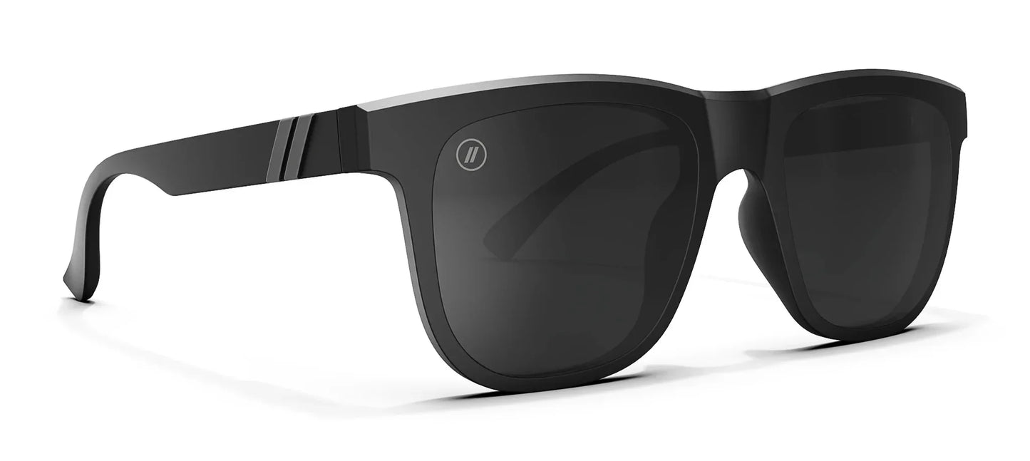Blenders Black sunglasses with a brand logo on a white background