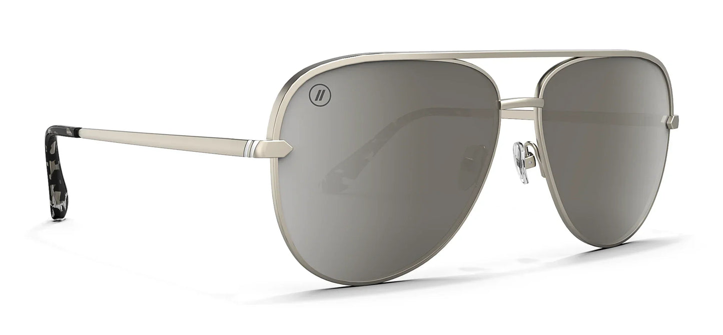 Blenders Silver style aviator sunglasses with reflective lenses and gold frame on a white background
