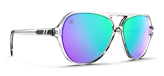 Blenders clear frame sunglasses with reflective purple and blue lenses on a white background