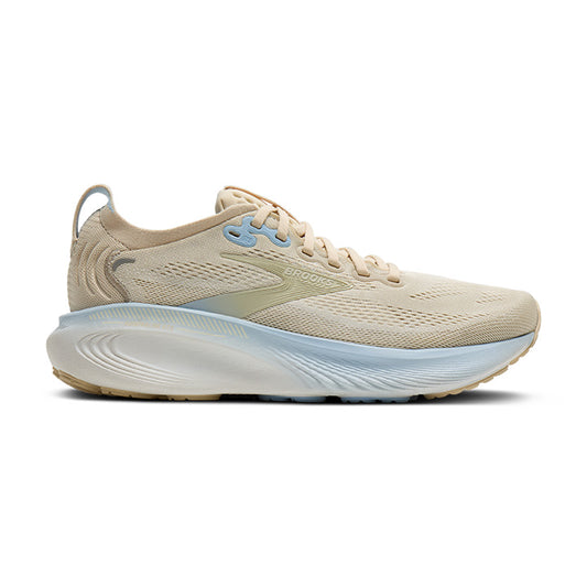 Beige Brooks running shoe with blue accents on a white background