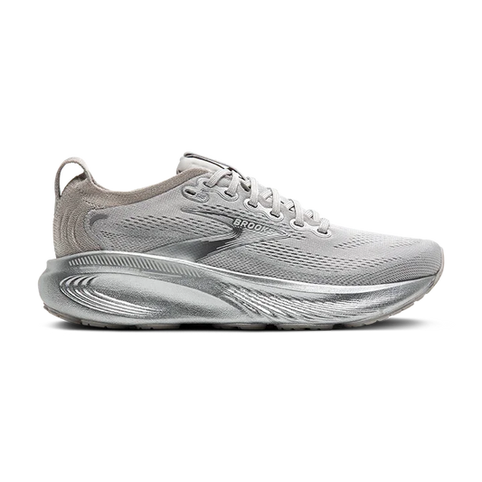 Gray running shoe with 'Brooks' branding on a white background