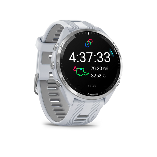 Garmin smartwatch with a white strap 