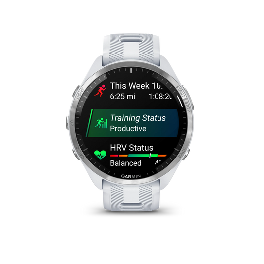 Garmin smartwatch displaying fitness metrics on a white background