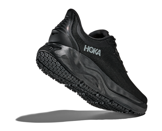 Black Hoka running shoe on a white background