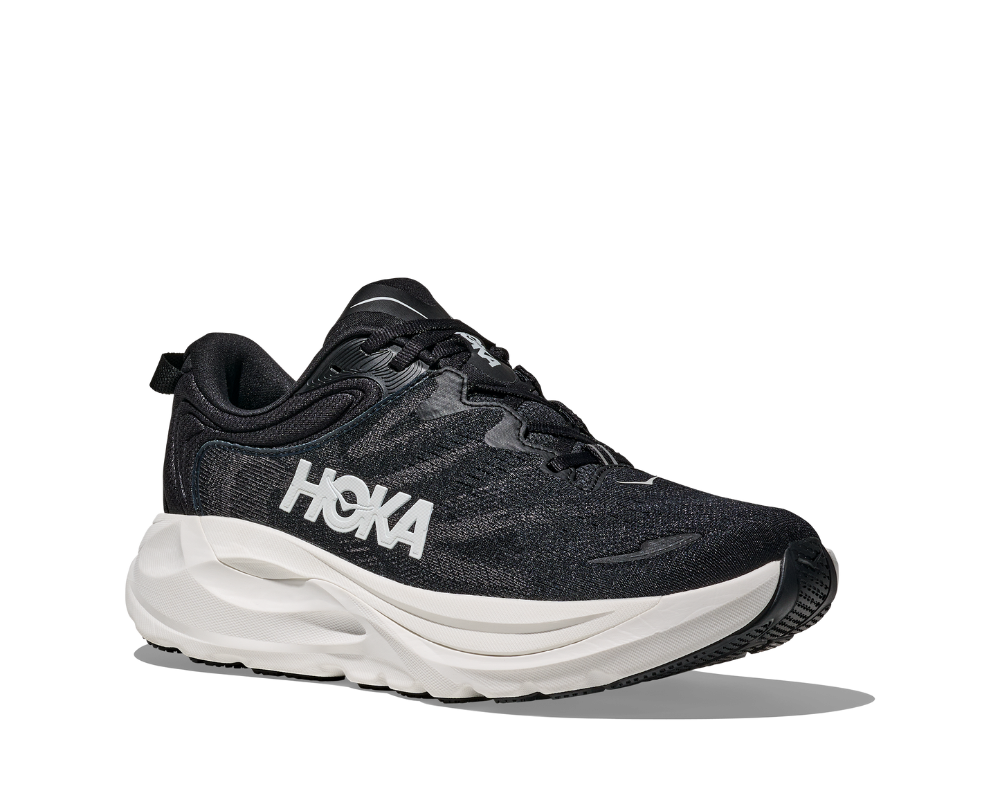Black Hoka running shoe on a white background