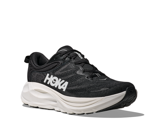 Black running shoe with white sole and white logo on side on a white background