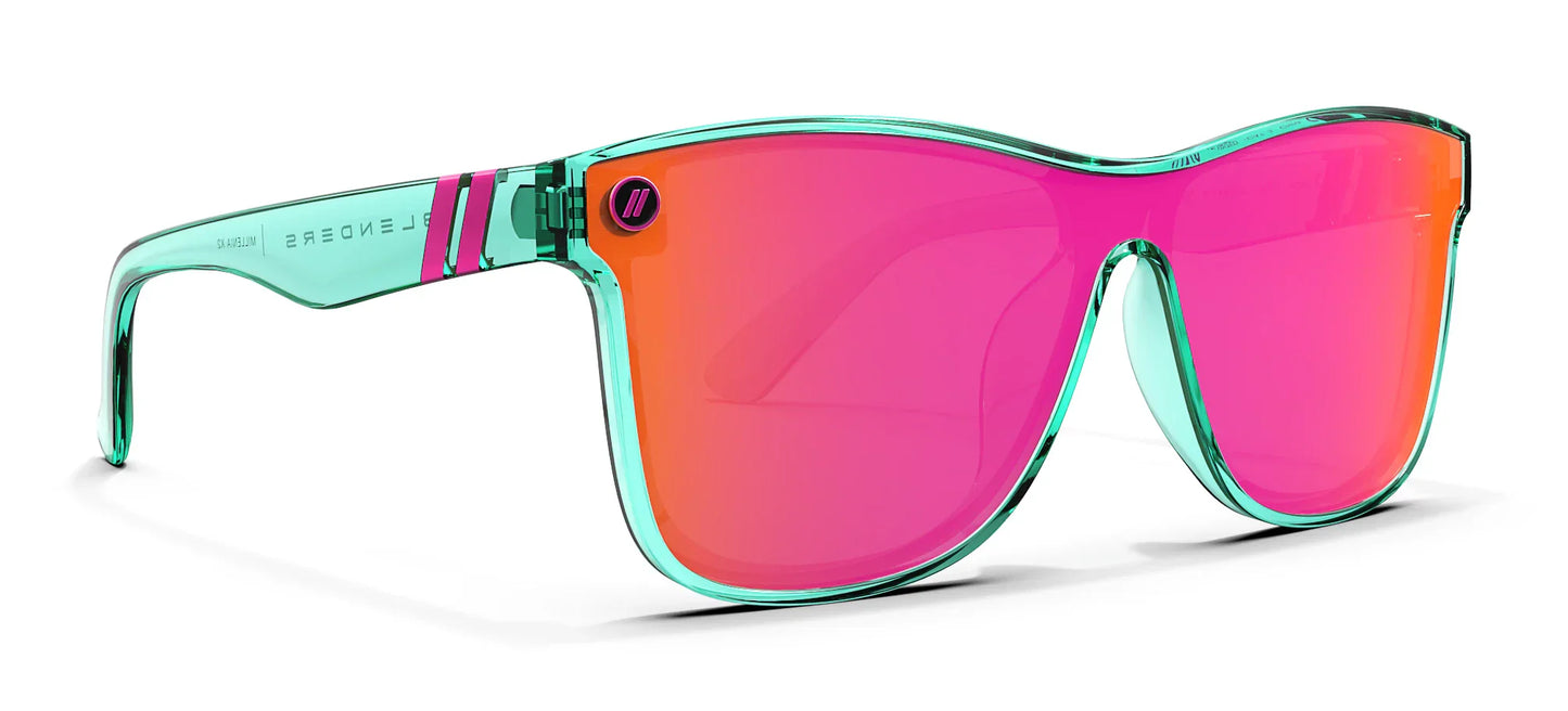 Blenders Sunglasses with turquoise frame and pink lenses on a white background