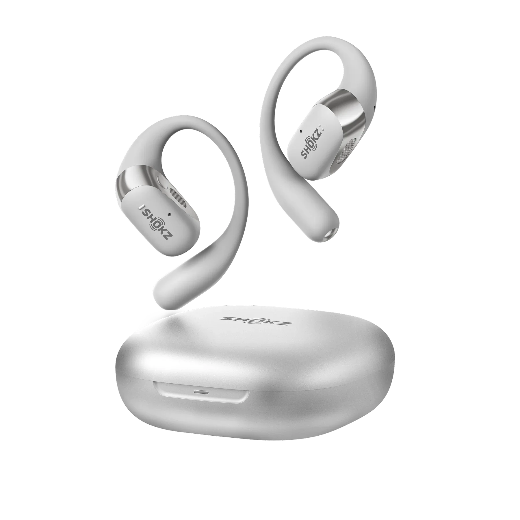 White wireless earbuds with charging case on a white background