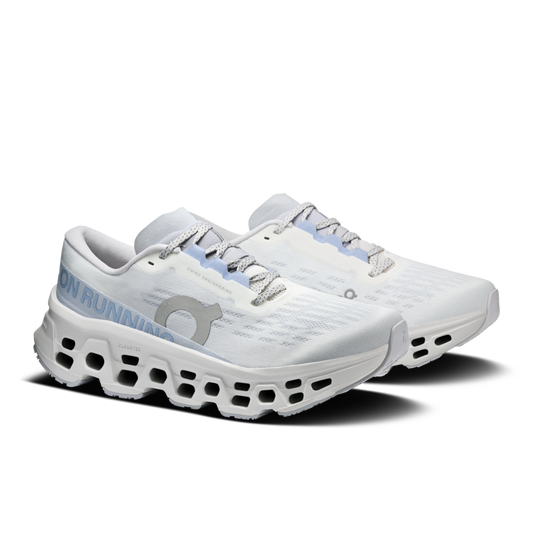 White running shoe with blue accents on a white background