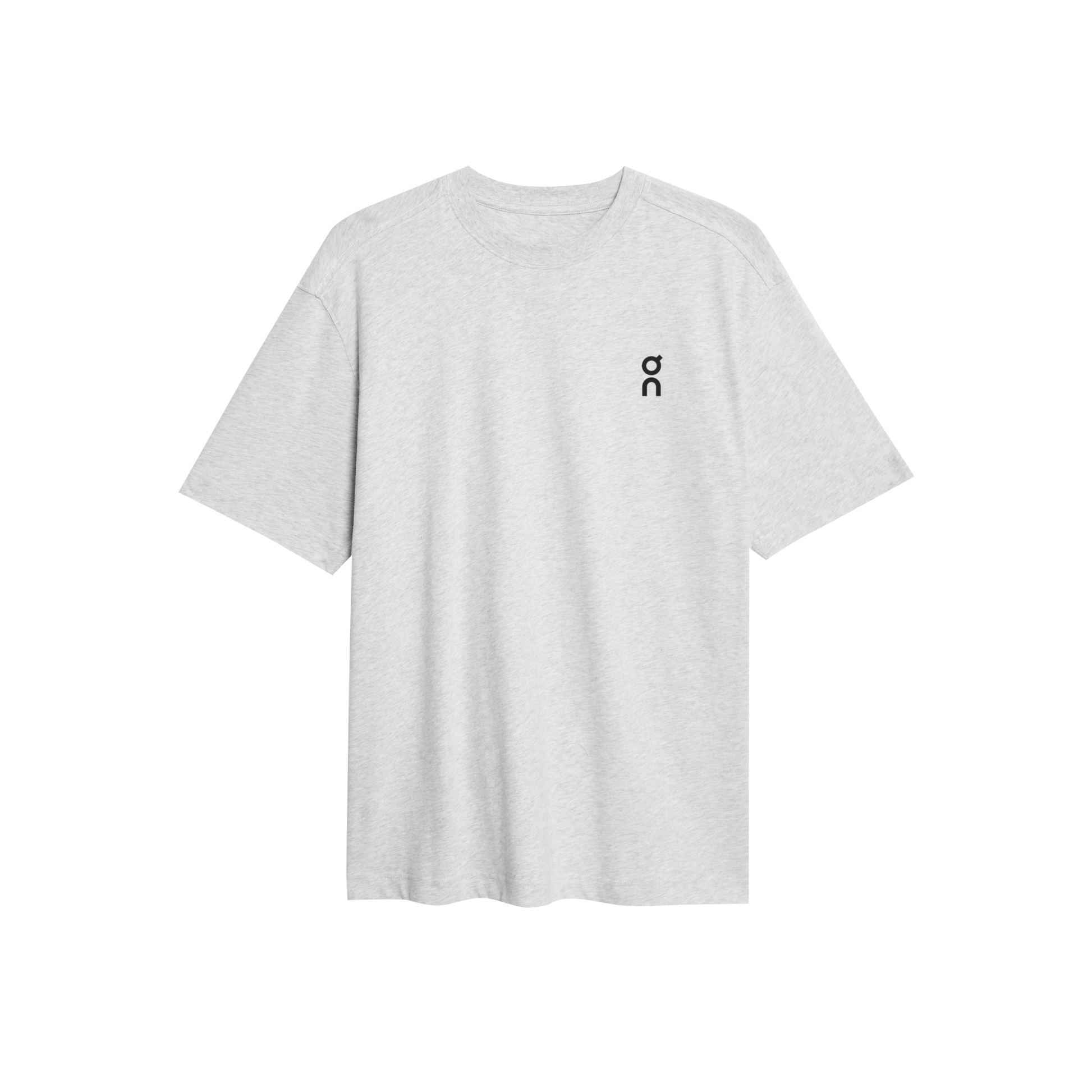 Front view of white t-shirt with small black logo on chest